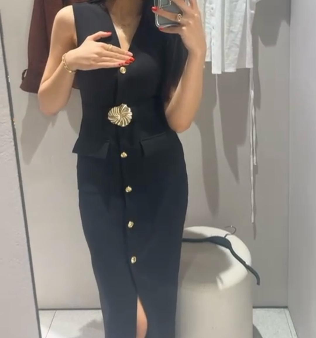 Zara Черное платье миди на пуговицах — фото 2
