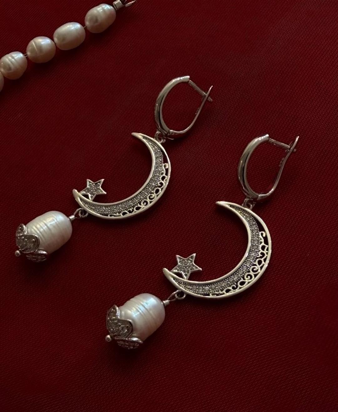malinka jewelry kz Серьги с луной, звездами и жемчугом — фото 2