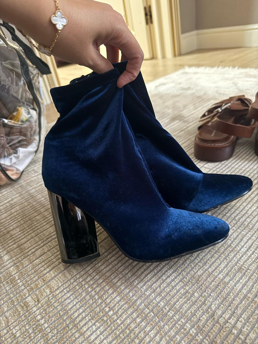 Aldo Синие ботильоны из велюра на каблуке — фото 2