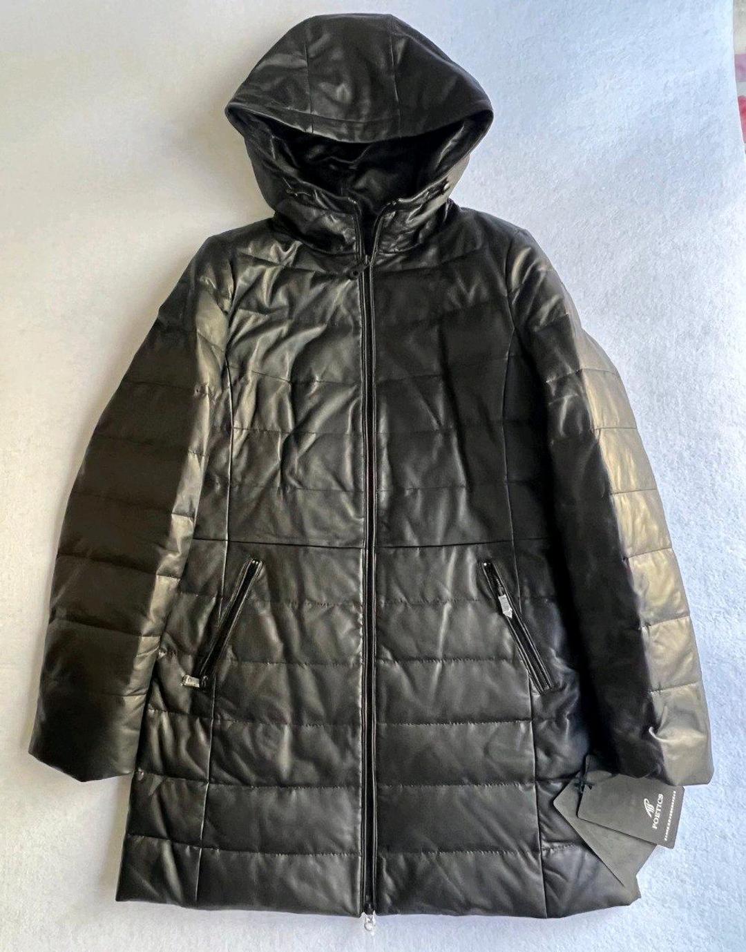 Poetics Новый кожаный пуховик куртка S/M 44  на бюст от 85 до 89 см натуральный кожанный — фото 2