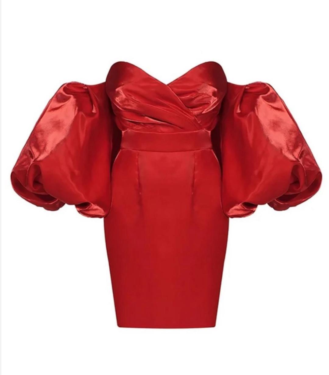 sislabel SATIN PUFF SLEEVE MINI DRESS IN RED — фото 2