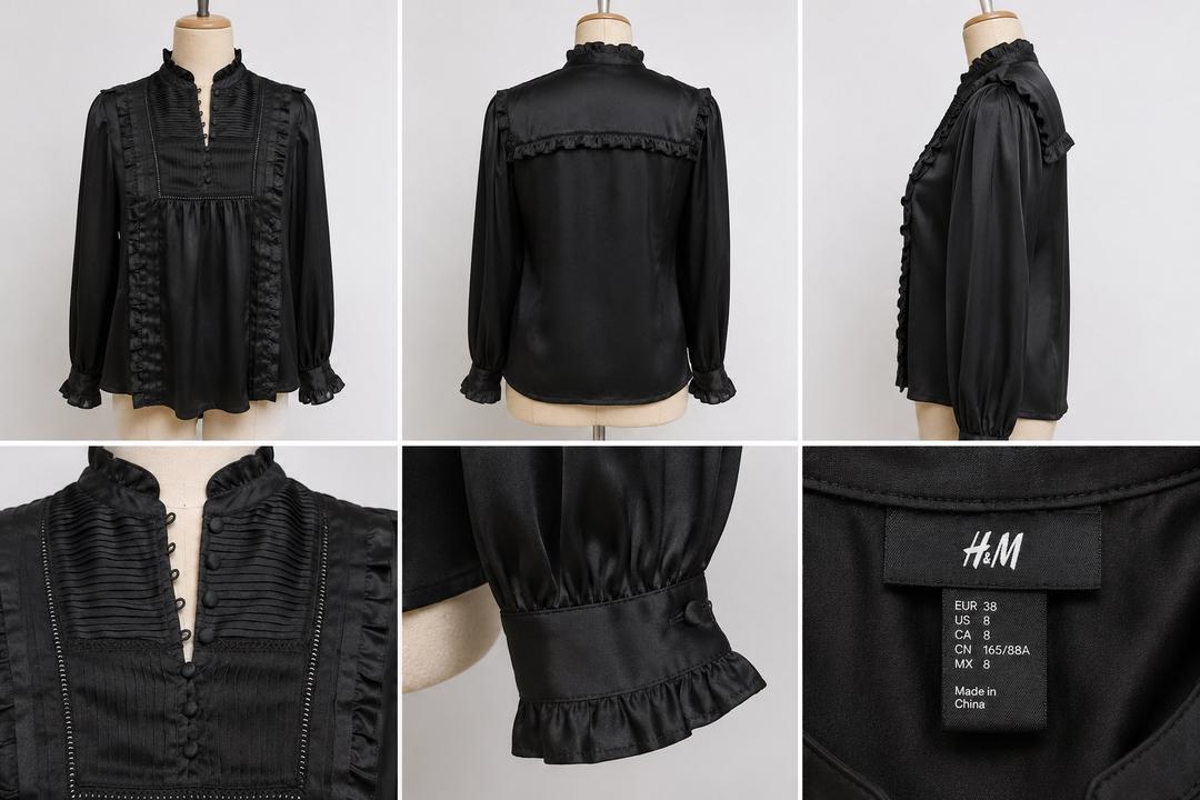 H&M Черная блузка H&M с плиссировкой и рюшами — фото 2