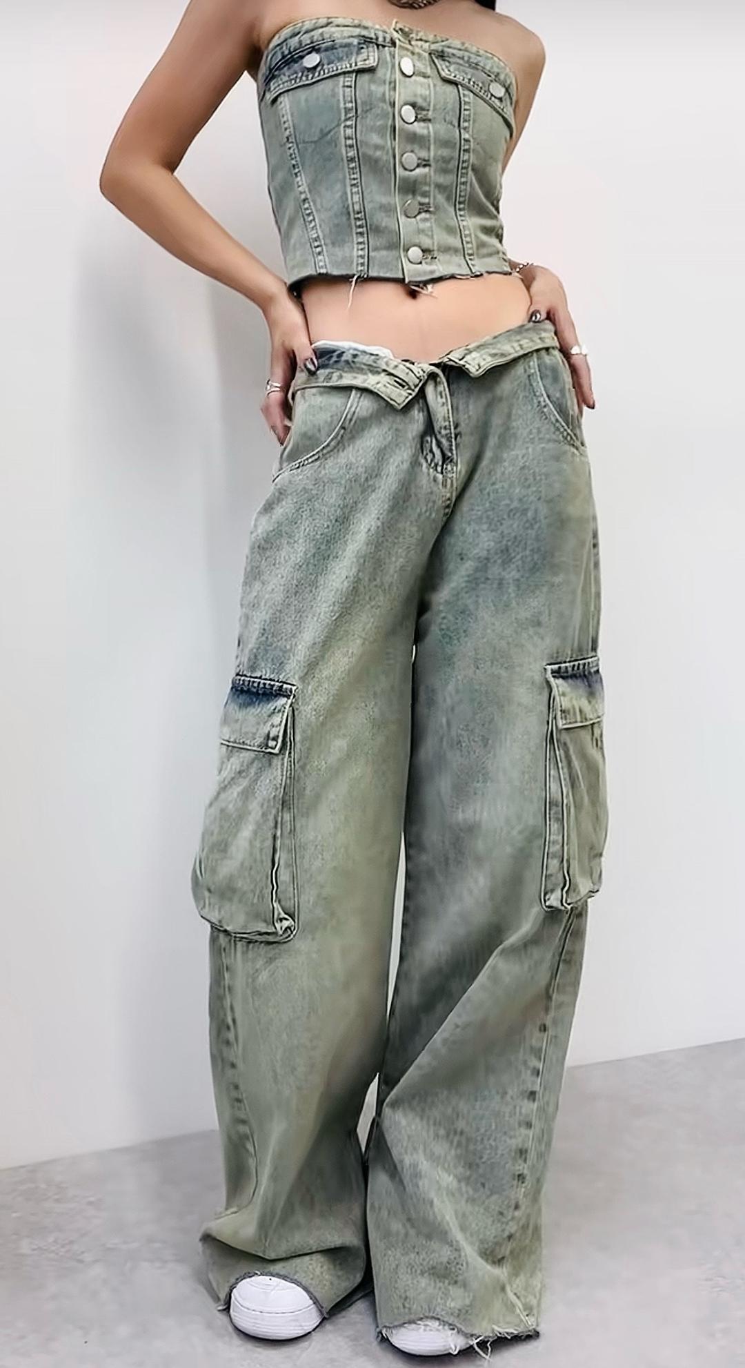 SHEIN Shein Джинсовый костюм с топом и брюками карго — фото 2