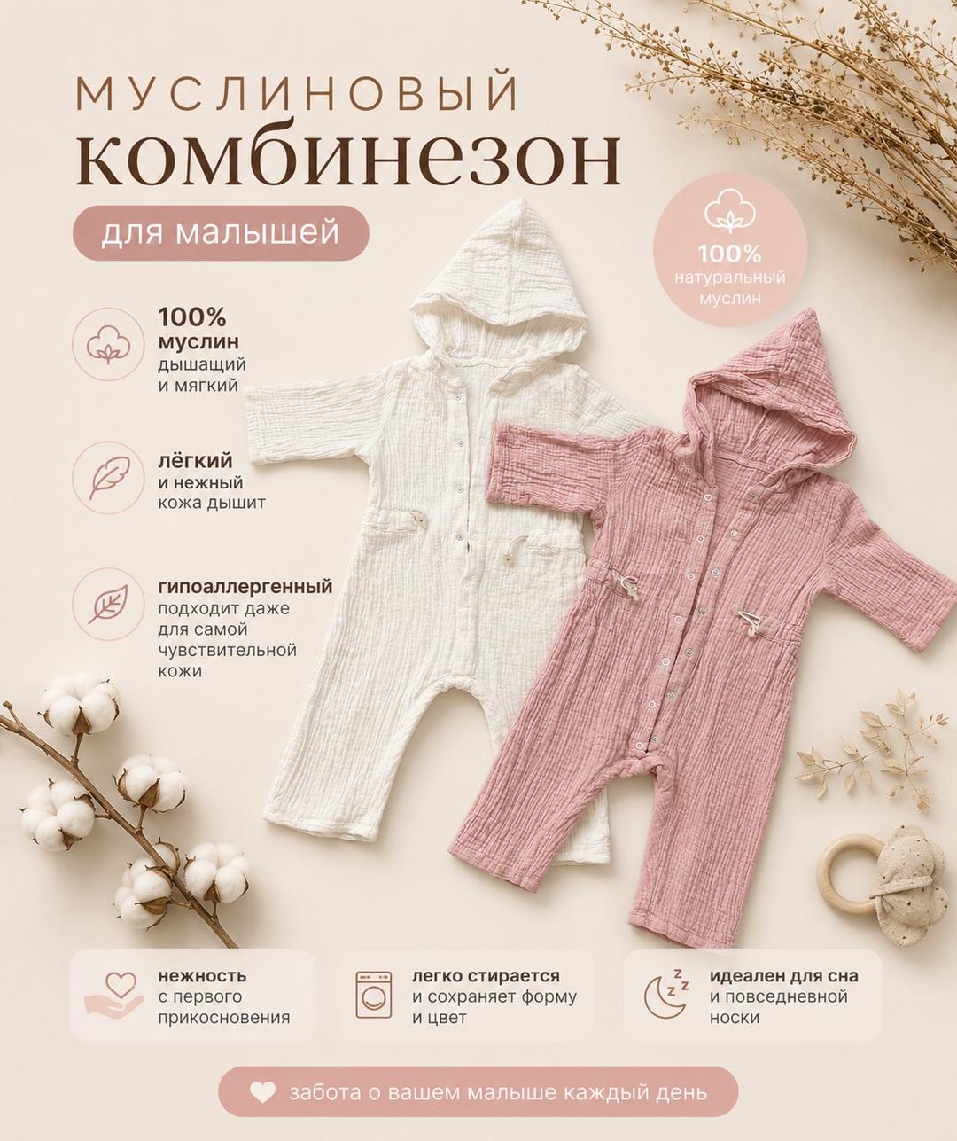 Minion Нежные муслиновые комбинезоны с капюшоном 🤍🌸80-86 — фото 2