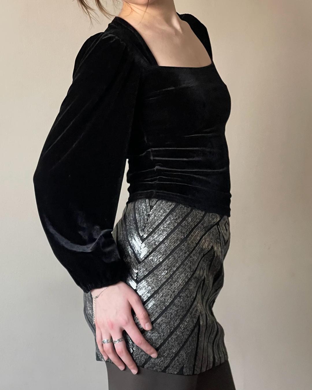 Винтаж Черный бархатный топ с квадратным вырезом / 90s whimsigoth velvet blouse — фото 2