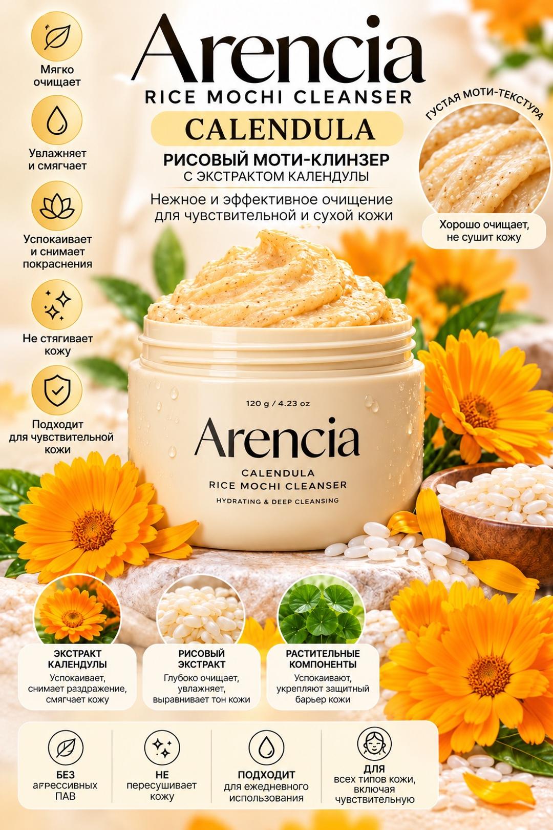 arencia Calendula Rice Mochi Cleanser очищающее средство 120г — фото 2