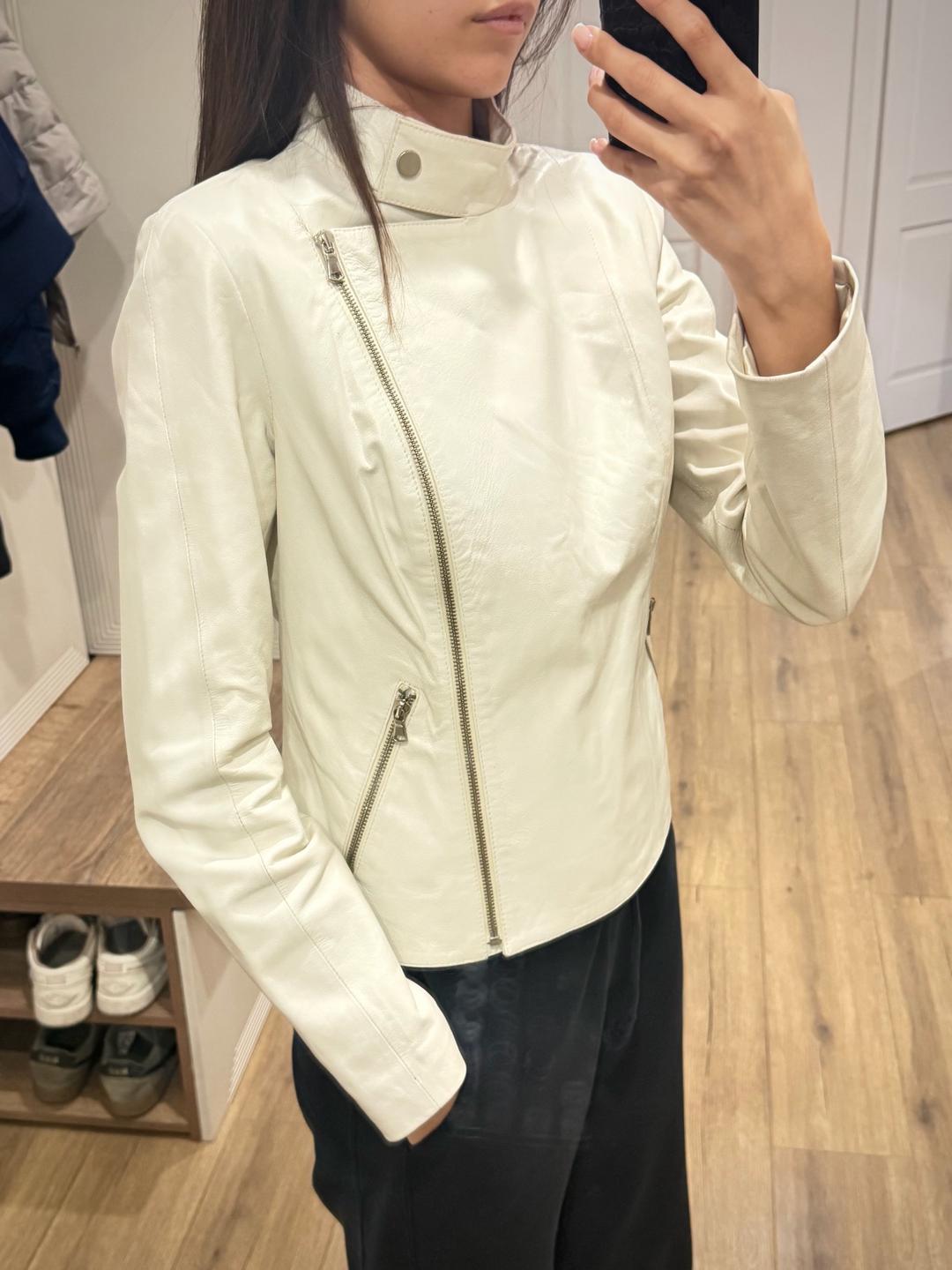 isnova 🧥Кожаная куртка-косуха, 100% натуральная кожа, молочная, XS-S — фото 2
