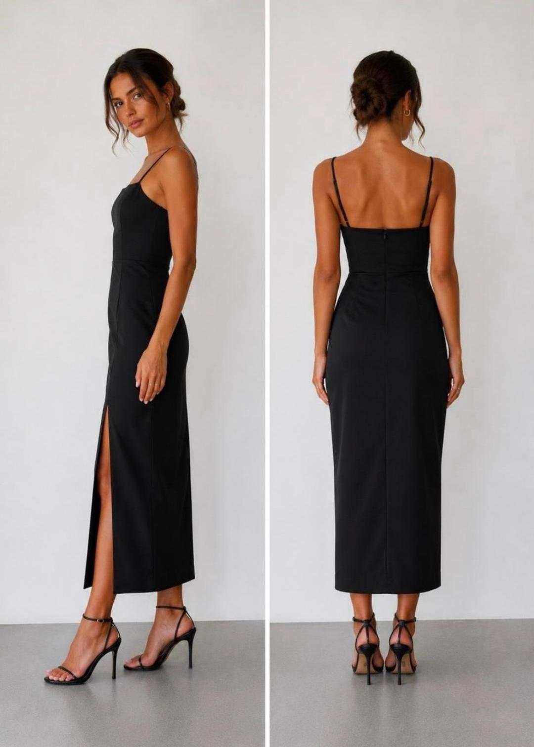 Zara Черное платье на бретельках миди с разрезом — фото 2