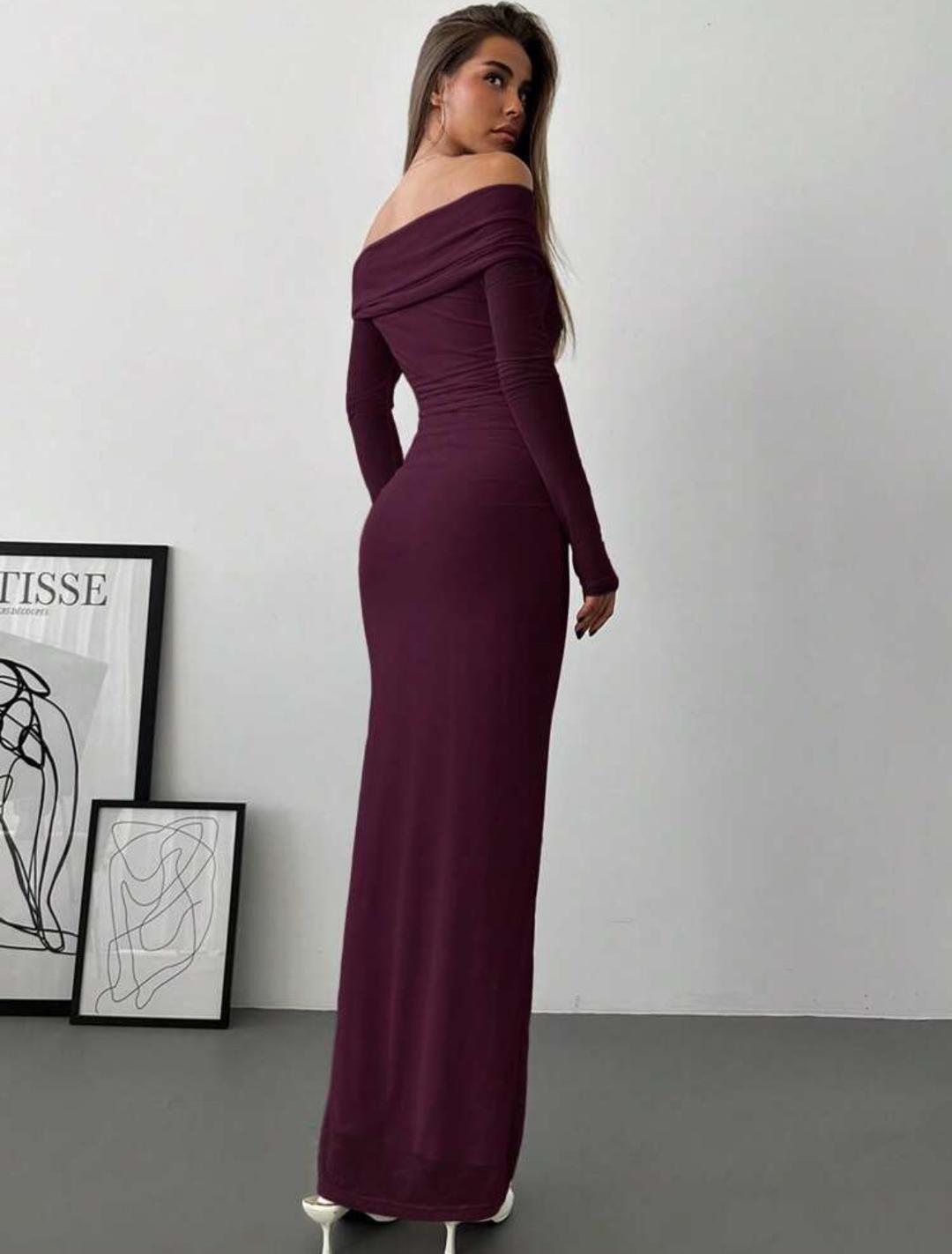 SHEIN Длинное облегающее вечернее платье с открытыми плечами и драпировкой — фото 2