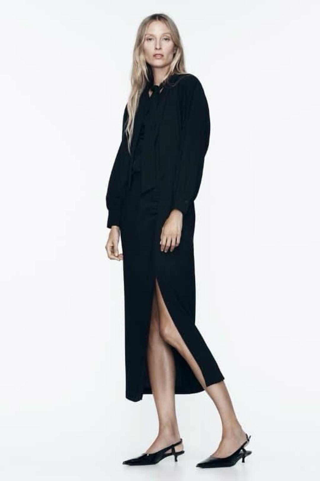 Zara Черное платье миди с завязками на шее — фото 2