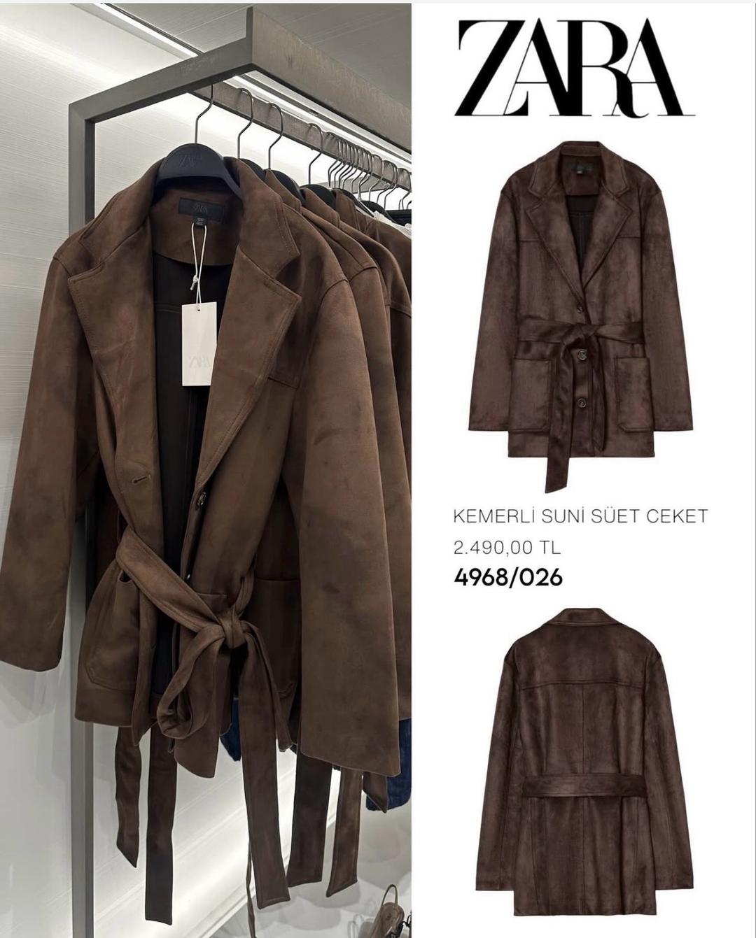Zara Новый жакет под замшу Zara с поясом (темно-коричневый) — фото 2