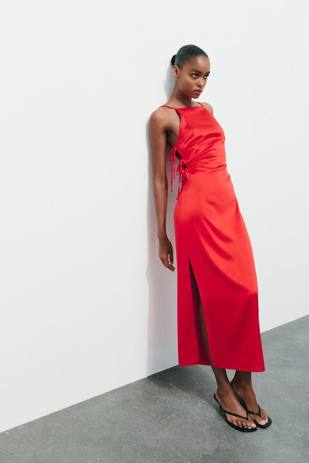 Zara Платье Zara из сатина с завязками, красное — фото 2
