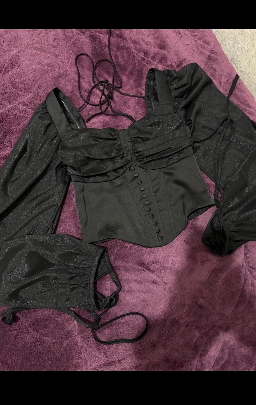 нет Корсет-топ с пышными рукавами и кулисками — Black Satin — фото 2