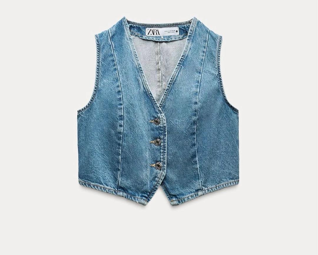 Zara укороченный джинсовый жилет Zara из линейки Z1975 с V-образным вырезом и классич — фото 2