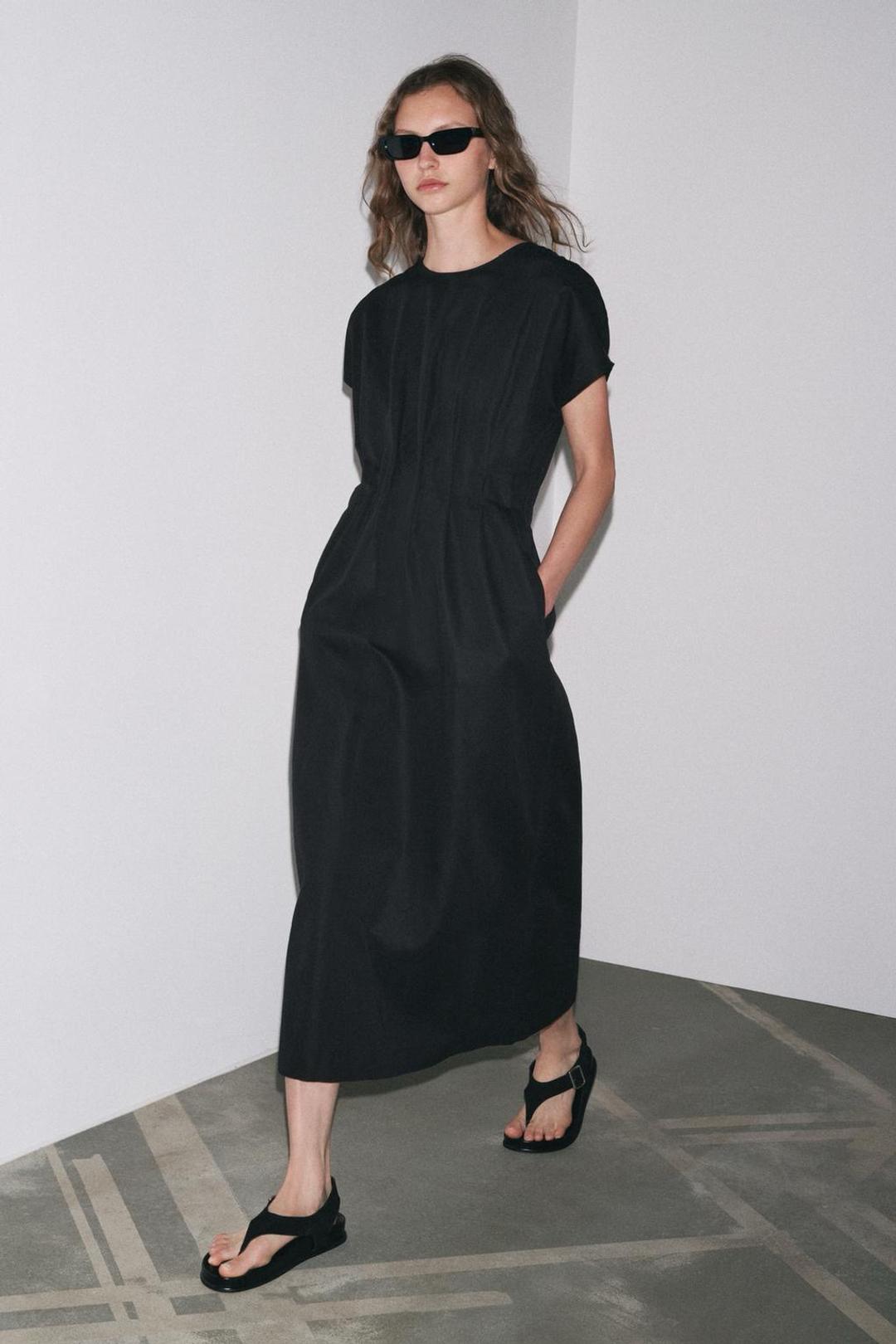 Zara Черное платье миди с затягивающейся талией — фото 2