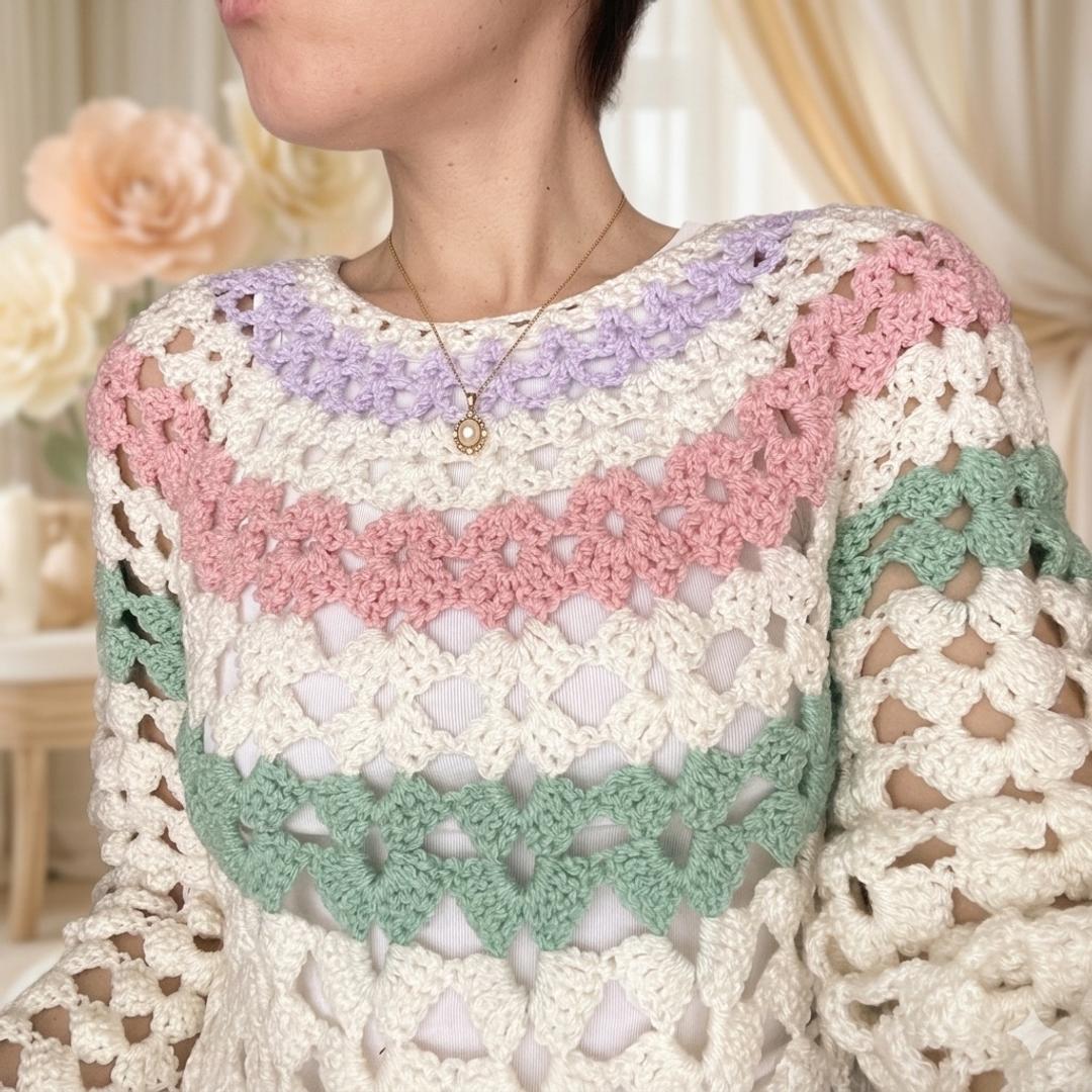 Handmade (ручная работа) Ажурный весенне-летний джемпер Boho-Pastel с рукавами-клеш. — фото 2
