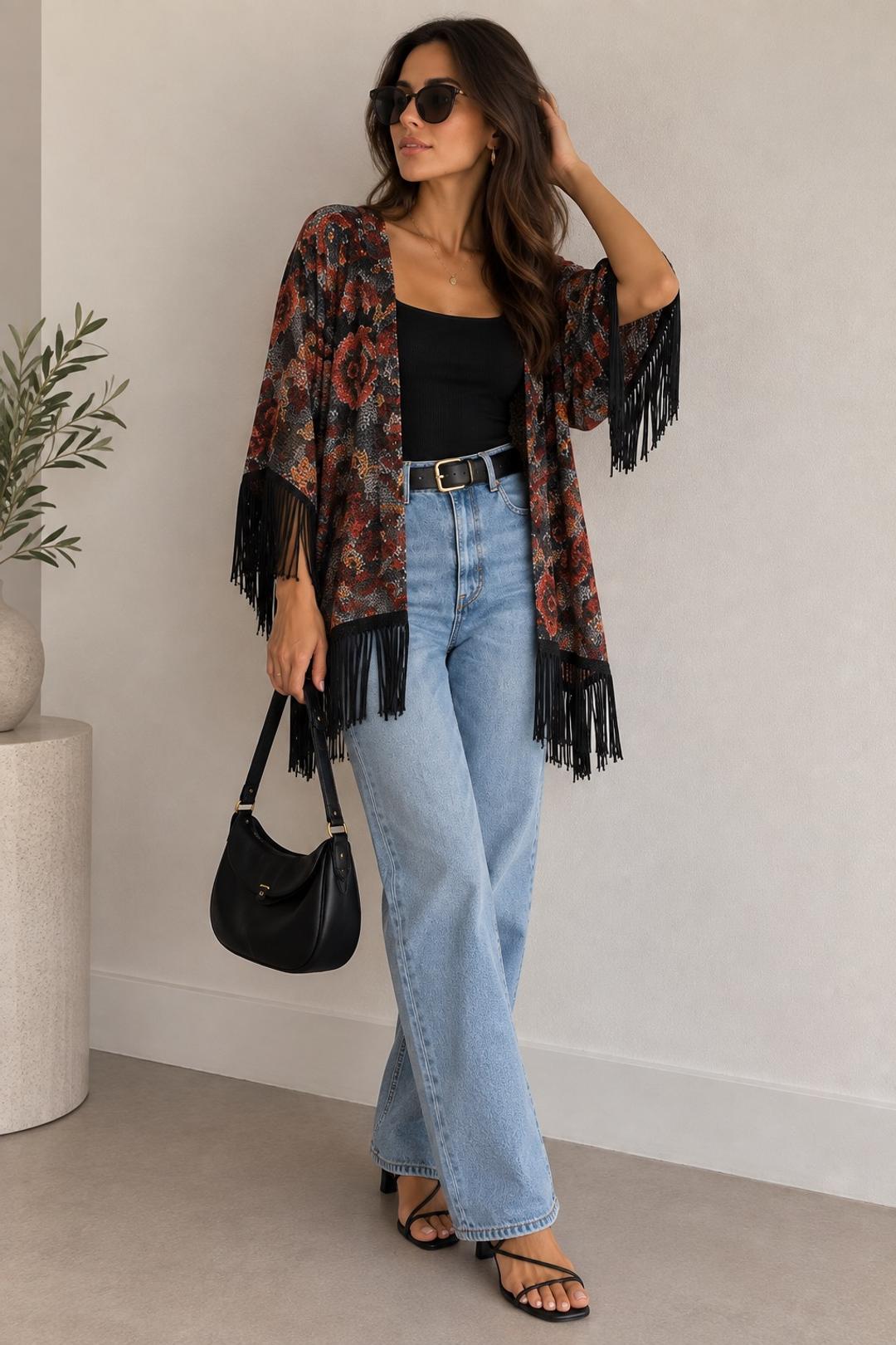 Нет бренда Накидка с цветочным принтом и бахромой в стиле Boho — фото 2