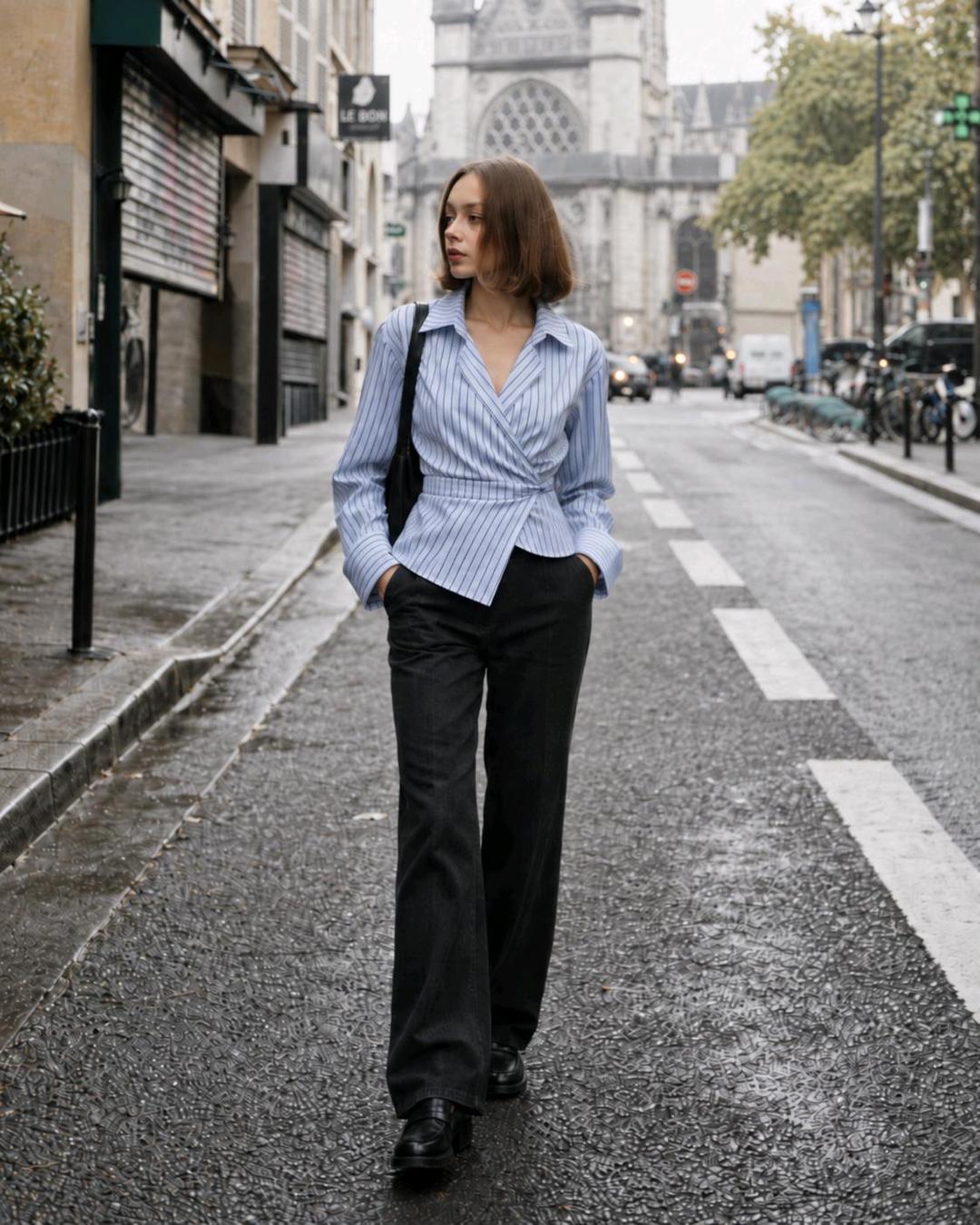 Fashion Стильная голубая рубашка на запах в тонкую полоску 💙 — фото 2