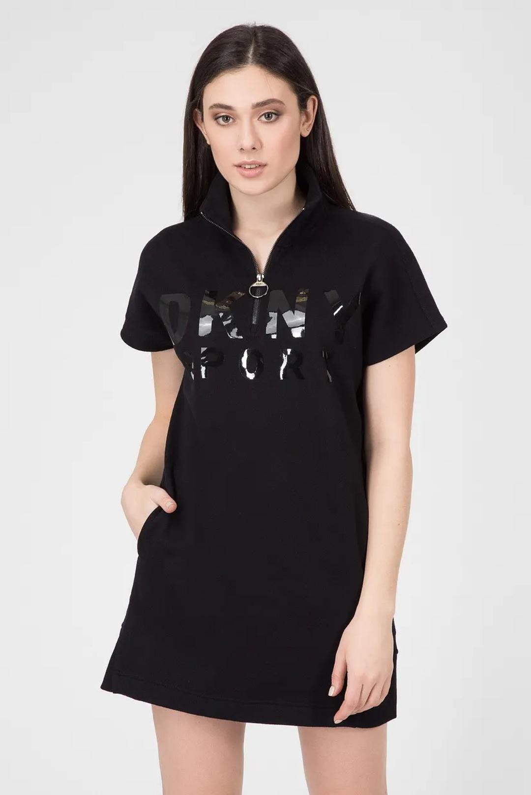 DKNY Платье DKNY спортивное черное с воротником на молнии — фото 2