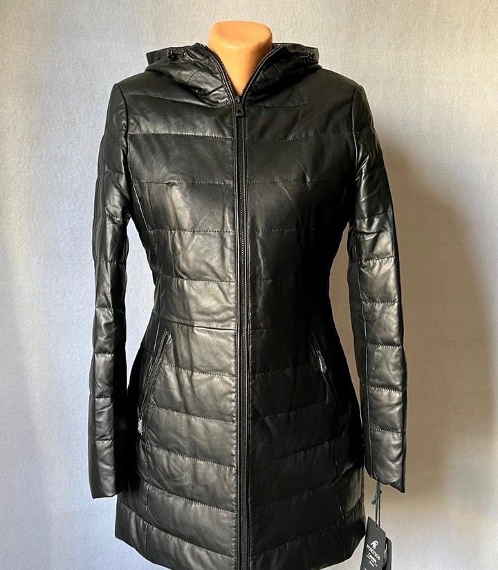 Poetics Новый кожаный пуховик куртка S/M 44  на бюст от 85 до 89 см натуральный кожанный