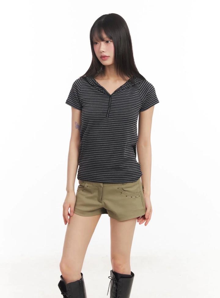 LEWKIN Buttoned Striped Hooded T-Shirt