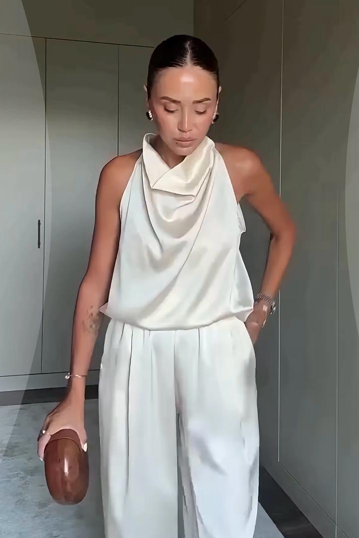 Атласный брючный костюм с топом