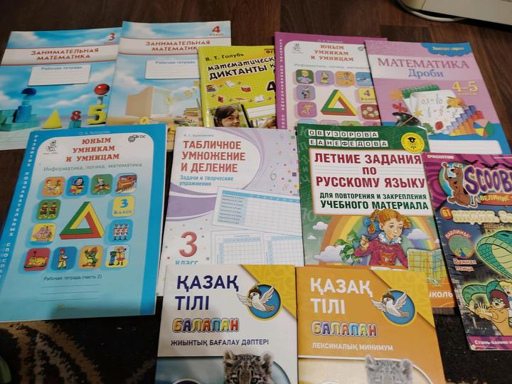 Пособия для 3-4 классов по математике, русскому, казахском языку.