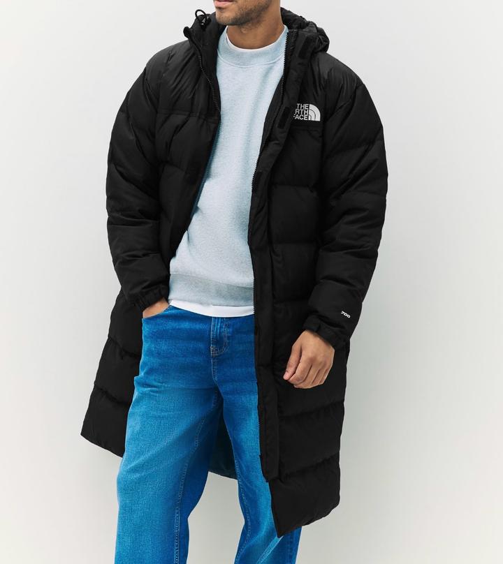 пуховик The North Face модель Nuptse мужской длинный черный с капюшоном