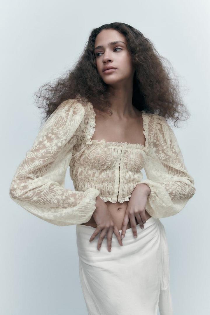 Zara Кружевной кроп-топ с длинными рукавами