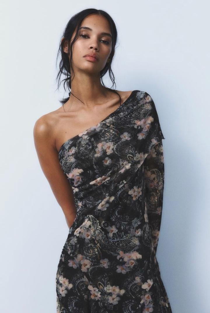 Платье с цветочным принтом на одно плечо ZARA