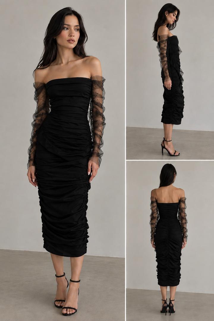 Fashion Черное платье миди с сеткой и сборками