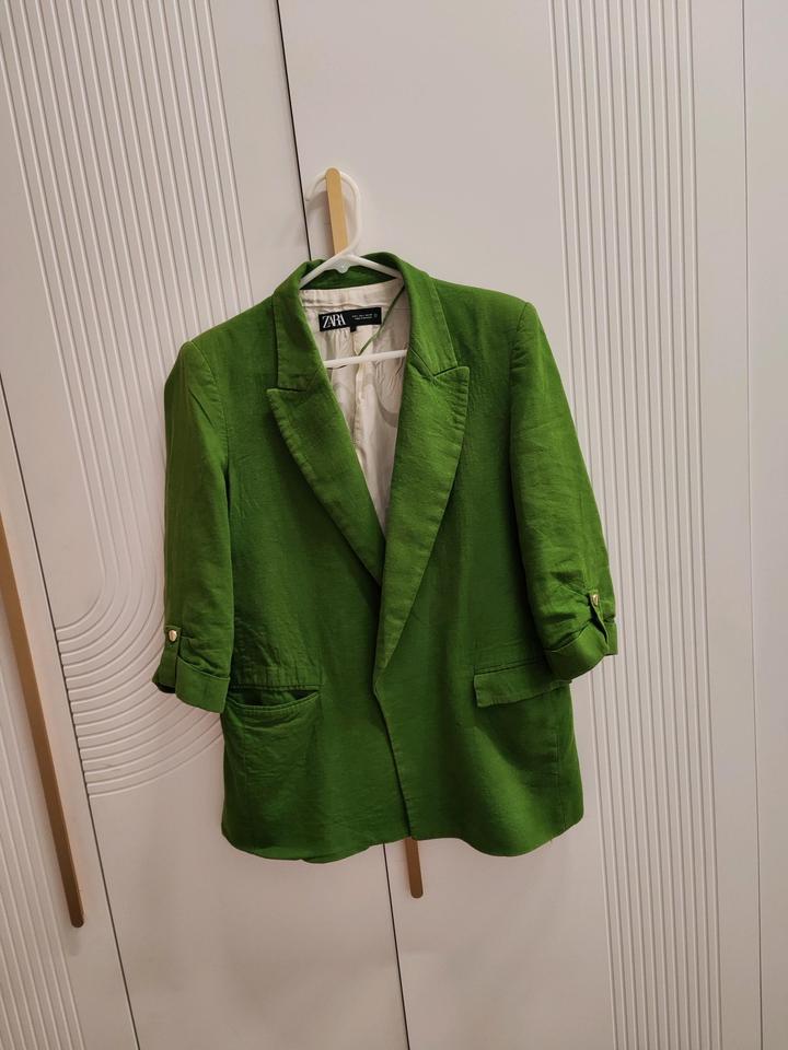 Блейзер ZARA, зеленый, лен