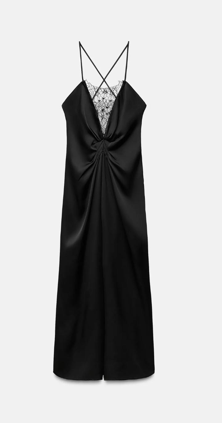 Zara Атласное платье-комбинация с кружевом