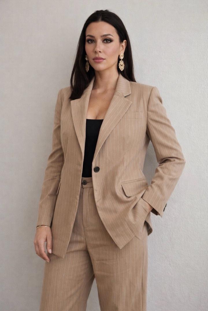 Костюм Zara (оригинал), размер M Стильный бежевый костюм в тонк