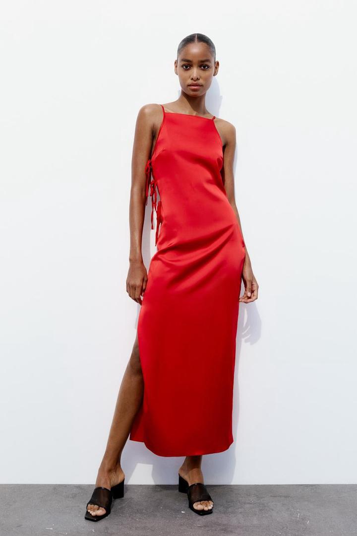 Платье Zara из сатина с завязками, красное