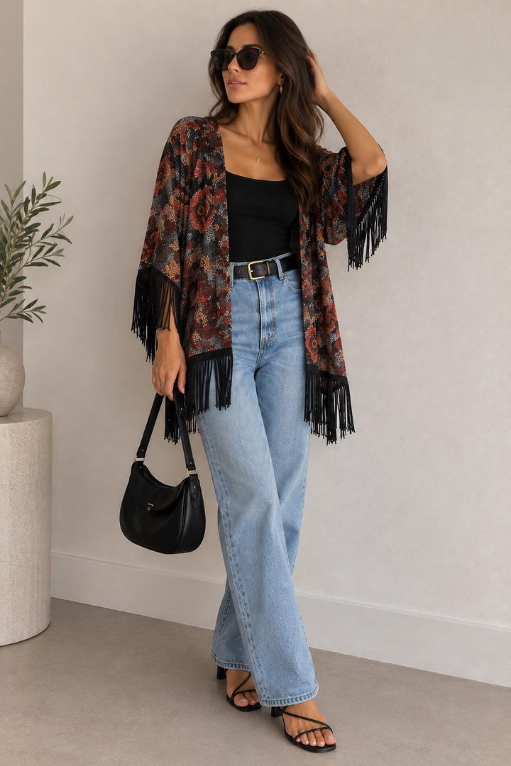 Накидка с цветочным принтом и бахромой в стиле Boho