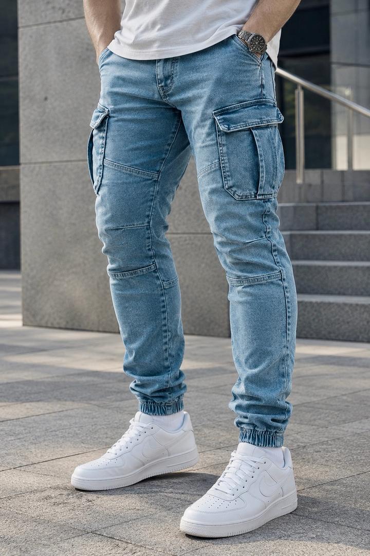 Pull & Bear Мужские голубые джинсы карго на резинке снизу