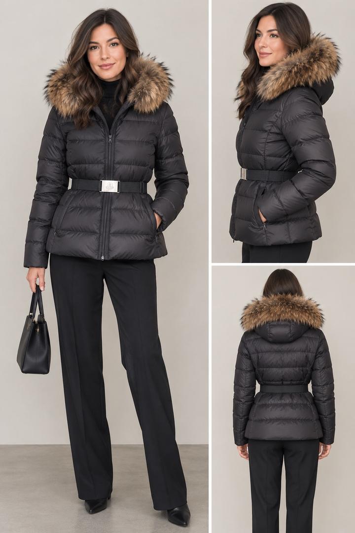 Женский пуховик Moncler с меховым капюшоном и поясом  размер S