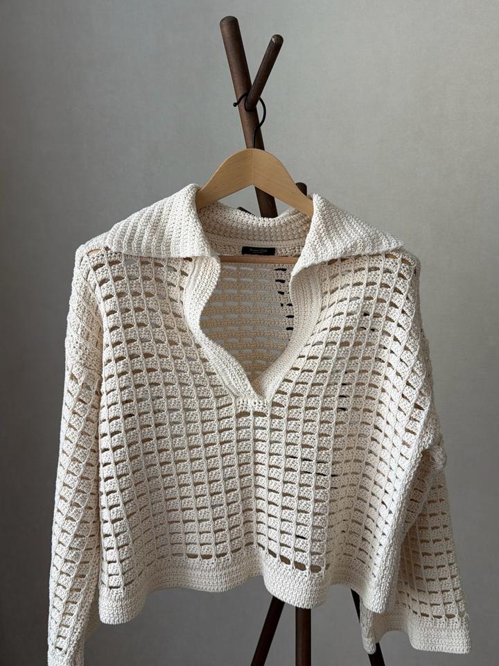 кардиган ажурный вязаный с воротником-поло Massimo Dutti