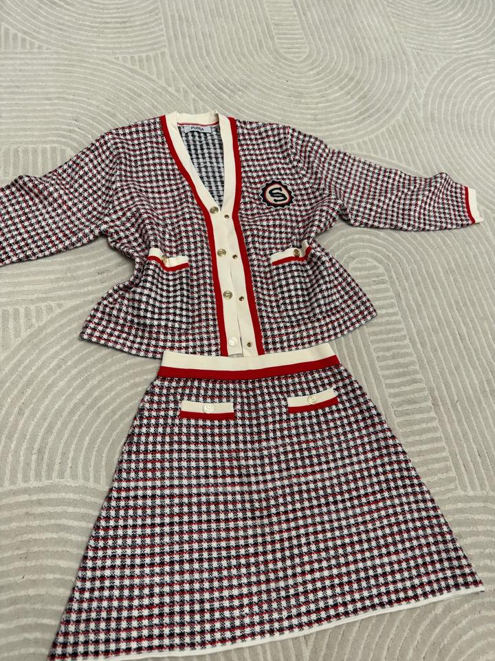 Костюм PUDRA из хлопка в клетку: кардиган и юбка