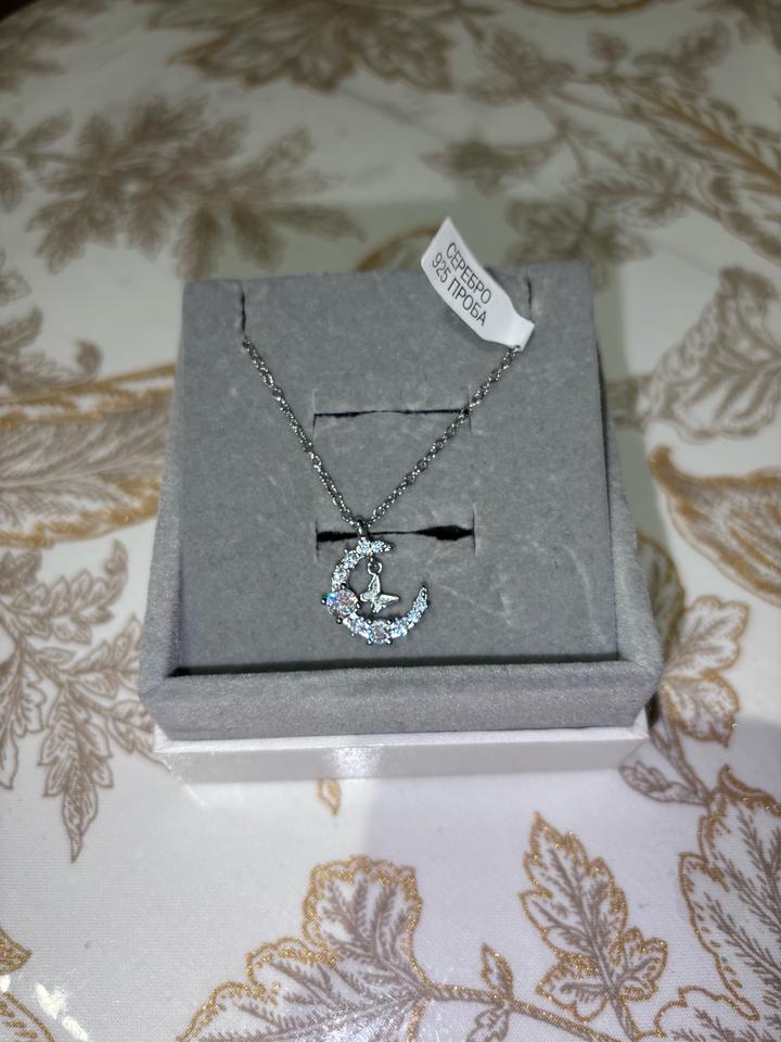 серебро 925 Серебряное колье с подвеской луна и бабочка проба 925