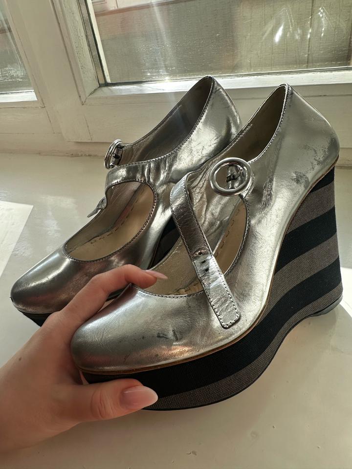 Prada SS2011 Metallic Silver Striped Platform Wedge Mary Jane Pumps