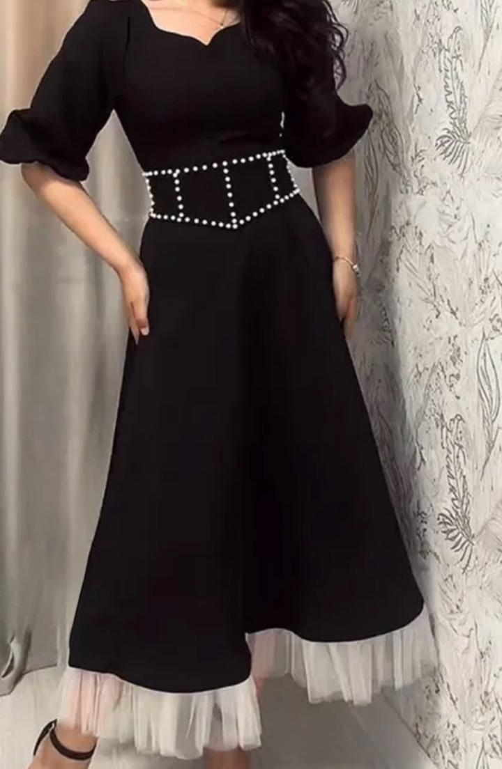 elish Черное платье миди с декором из жемчуга