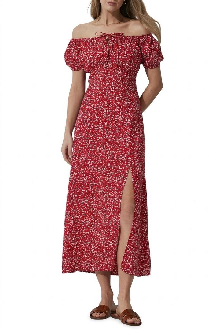 Dinar fashion Платье миди с открытыми плечами и разрезом