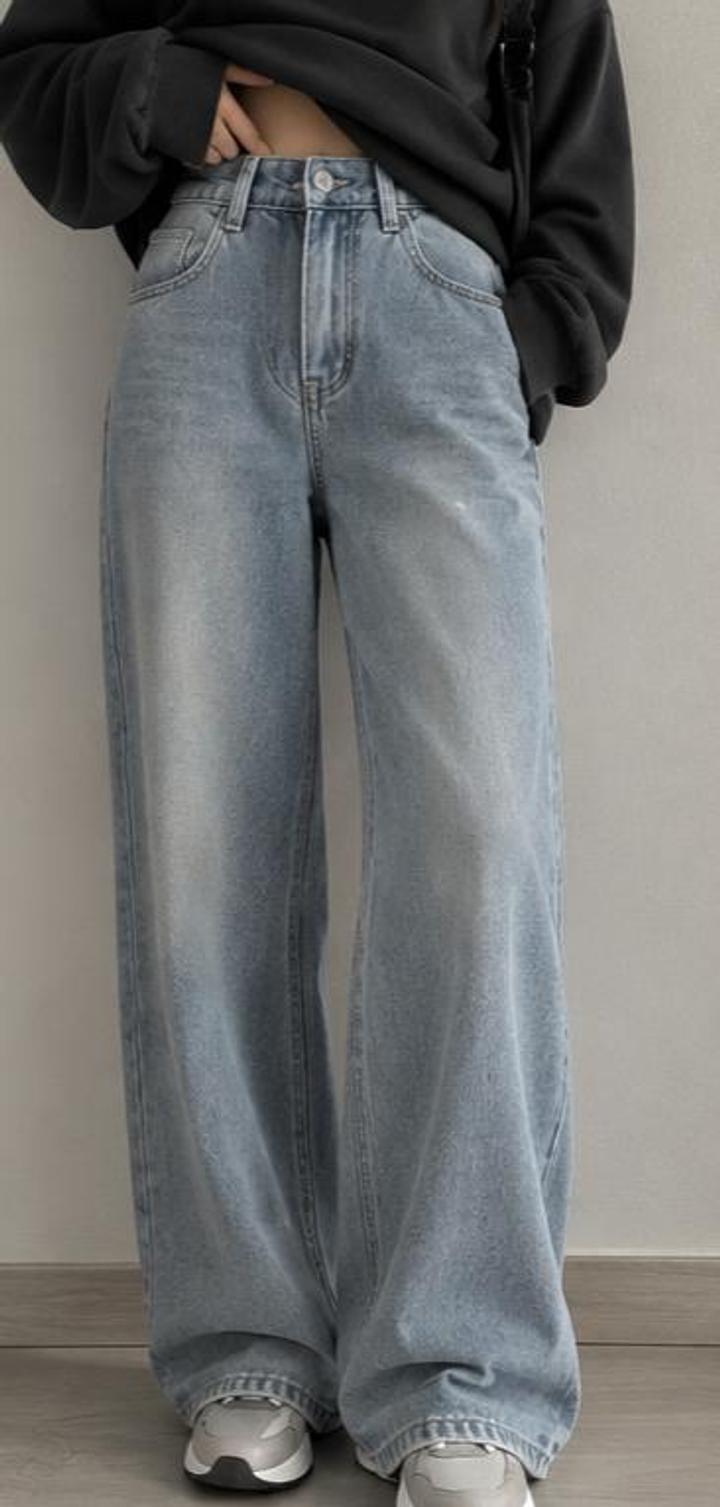 Голубые утеплённые джинсы wide leg