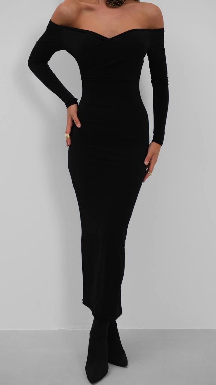 Black Fashion Черное облегающее платье с открытыми плечами
