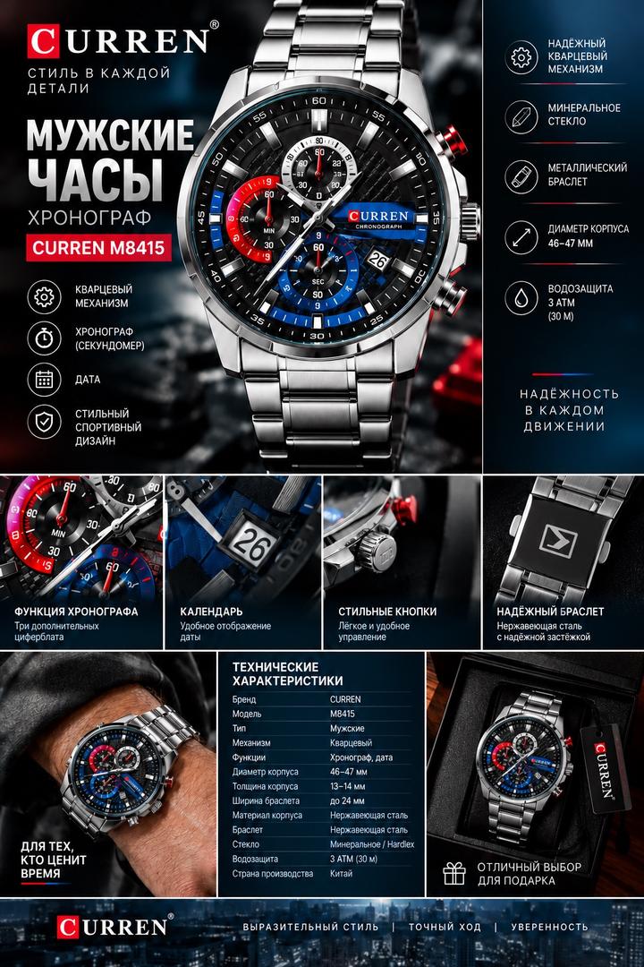 CURREN M8415 — мужские спортивные кварцевые часы с хронографом