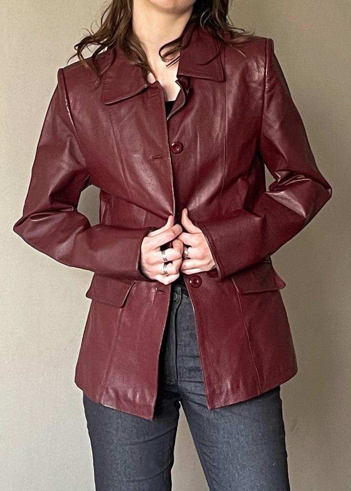 Винный кожаный пиджак прямого кроя / 90s vintage burgundy leather blazer