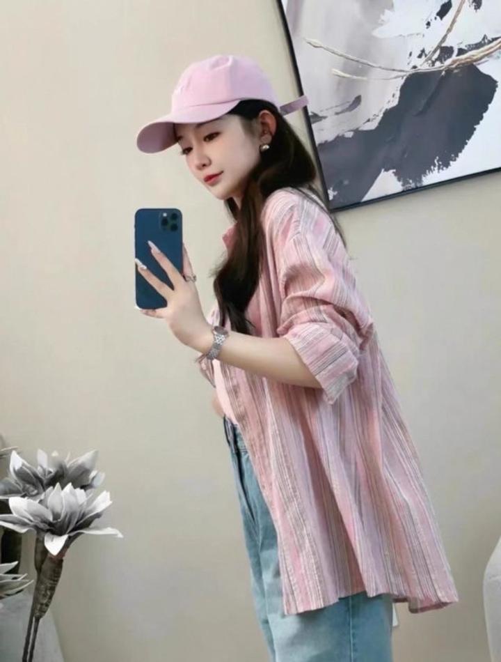 Розовая полосатая рубашка oversize, размер
