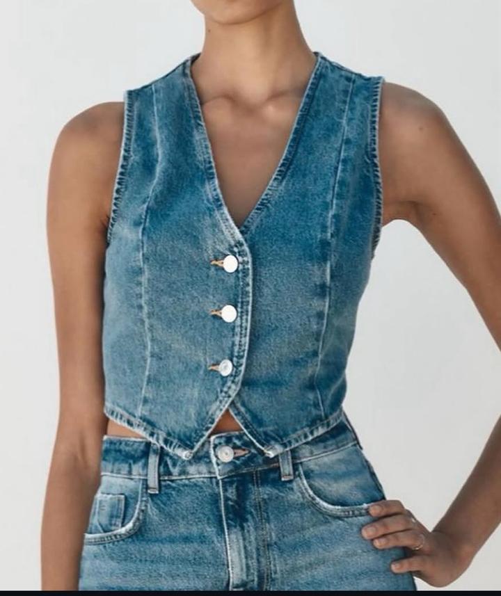 укороченный джинсовый жилет Zara из линейки Z1975 с V-образным вырезом и классич